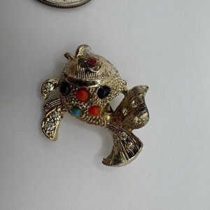 Vintage Gold-Tone Fish Brooch w/ Colorful Cabochons & Rhinestone Accents